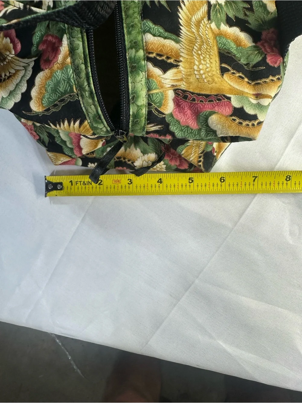 Artisan Quilted Fabric Tote Bag Golden Crane Phoenix Peony Floral